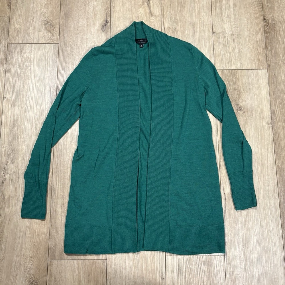 Talbots‎ Green 100% Pure Merino Wool Open Cardigan Sweater Size Medium M
